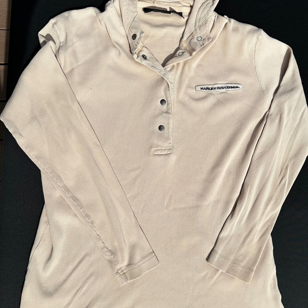 Harley Davidson Womens Tan Ribbed Hooded Long Sleeve Snap Henley Shirt Medium